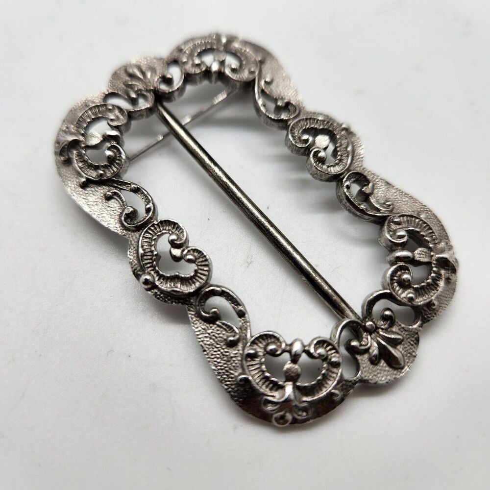 Trifari Silver Tone‎ Victorian Style Brooch Sash Pin Scroll Rectangle Scarf